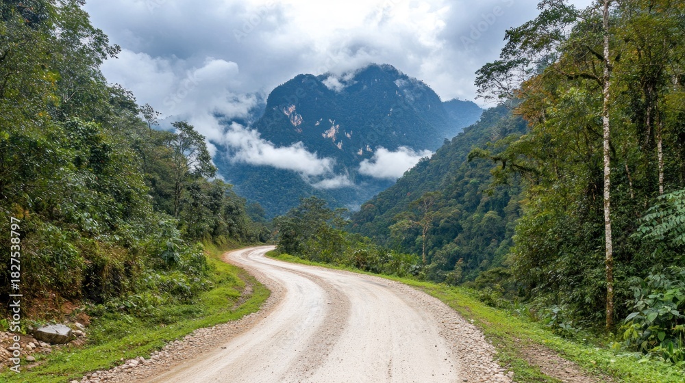 Fototapeta premium Winding dirt road through lush mountain landscape.