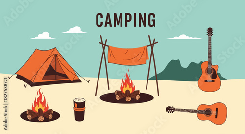 Camping illustration with tent, campfire, guitar and mountain background