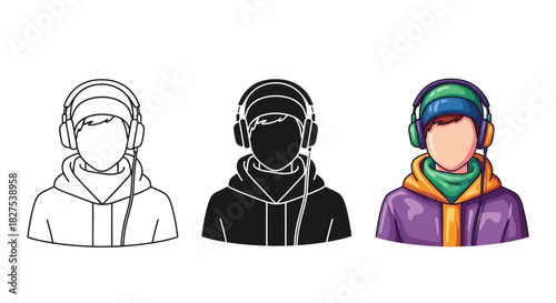 Variations of a person wearing headphones and a hoodie outline, silhouette and colored styles