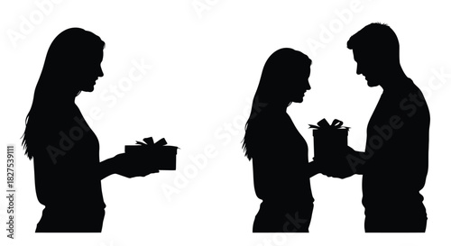 Silhouettes of a woman giving a gift and a couple exchanging presents