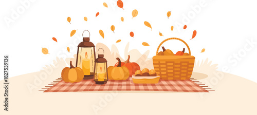 Autumn picnic scene featuring pumpkins and vintage lanterns on red checkered blanket with wicker basket and falling leaves pixel art vector illustration for thanksgiving design