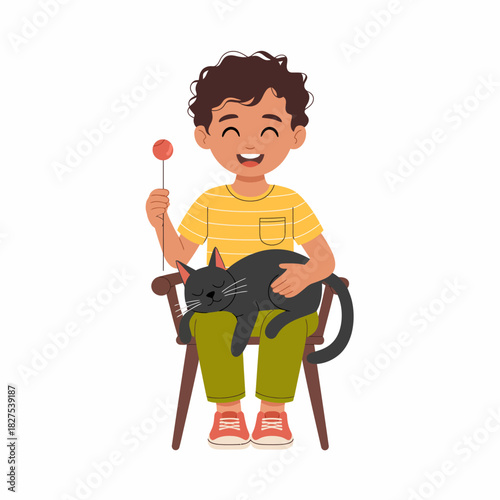 A joyful boy cuddles a black cat while holding a lollipop, depicting a moment of pure happiness and companionship in a cheerful and bright setting.