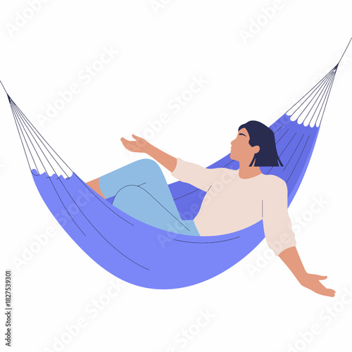 A woman enjoys a serene moment while resting in a vibrant blue hammock, embracing relaxation and tranquility as she reclines with a carefree expression.