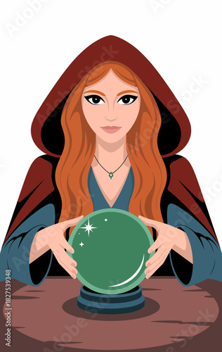 Engaging mystical fortune teller gazes into her crystal ball, evoking curiosity and intrigue about the future, blending magic and spirituality in a captivating atmosphere.