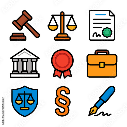 Legal icons set with gavel, scale, certificate, courthouse, award, briefcase, shield, pen.