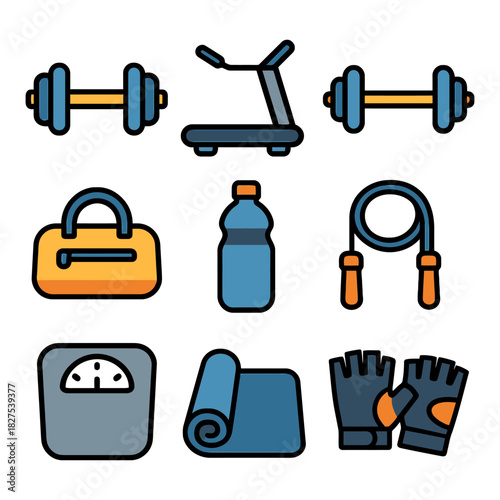 Fitness equipment icons: dumbbells, treadmill, water bottle, jump rope, and more.