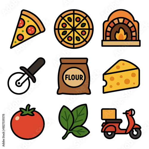 Pizza ingredients and tools: slices, oven, cheese, flour, tomato, basil, scooter.