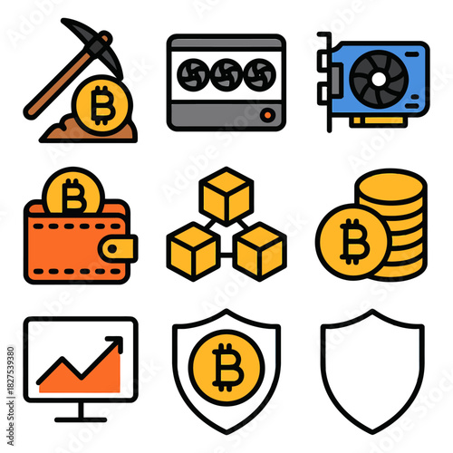 Cryptocurrency mining icons collection with tools and bitcoin symbols.