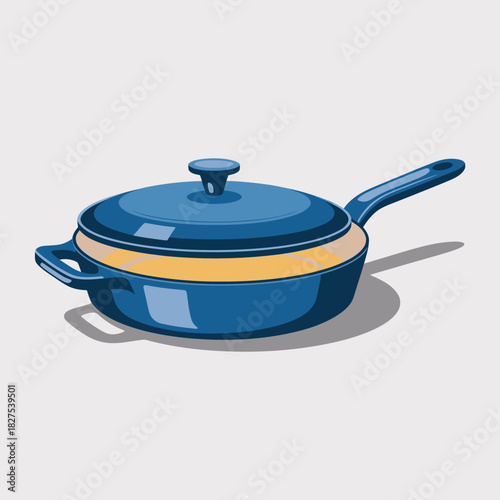 A modern blue cooking pan featuring a glass lid and sturdy handle, symbolizing the culinary journey and ambiance of a well-prepared meal in a contemporary kitchen.