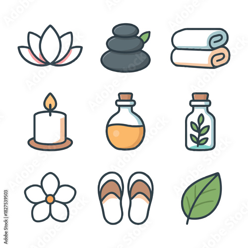 Spa and wellness icons: lotus, stones, towels, candle, oils, flower, slippers, leaf.