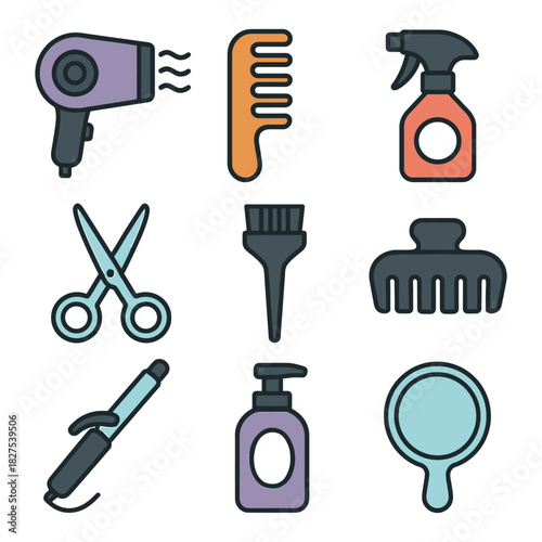 Hair styling tools collection: hairdryer, comb, spray bottle, scissors, brush, clip, curling iron, mirror.