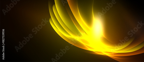 Bright yellow abstract swirls radiate from central point. Dark background emphasizes luminous curves, creating dynamic visual effect.