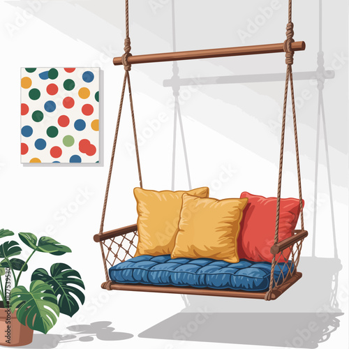 A charming swing seat adorned with cozy cushions adds a touch of comfort and style to a modern interior space, evoking feelings of relaxation and contemporary design.