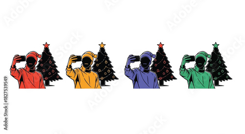 Four colorful figures taking selfies next to christmas trees, celebrating holiday season