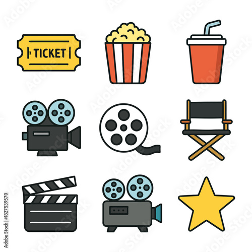 Cinema icons set: ticket, popcorn, drink, camera, film reel, director's chair, clapboard, star.