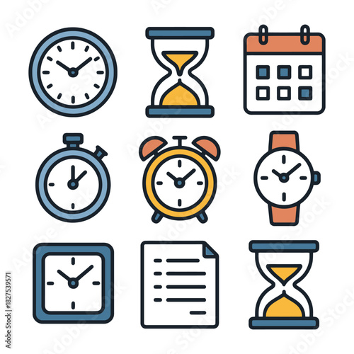 Various timekeeping devices and symbols illustrating clocks and calendars.