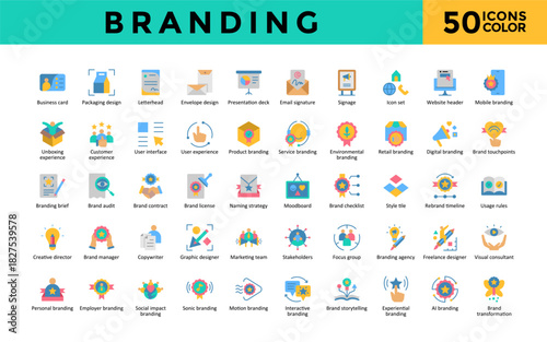 Branding icons set with business card, packaging design, letterhead, envelope design, presentation deck  icon. Simple color flat vector 
