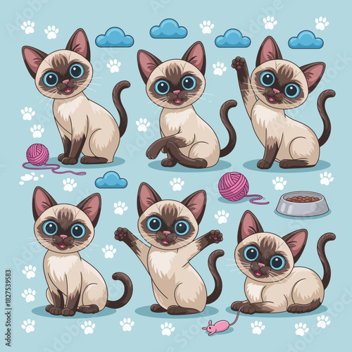Adorable Siamese kittens with expressive eyes engage in playful antics against a soft blue backdrop, symbolizing joy, curiosity, and beloved companionship.