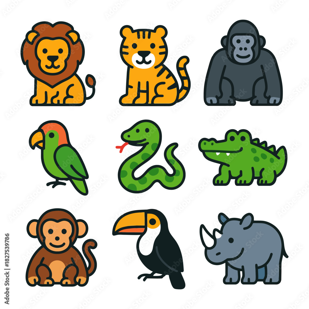 Obraz premium Colorful cartoon jungle animals set: lion, tiger, gorilla, bird, snake, crocodile, monkey, toucan, rhino.