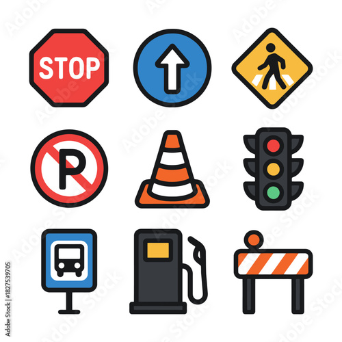 Collection of traffic and road signs including stop, no parking, and traffic light.
