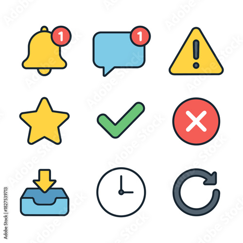 Notification icons collection: bell, message, alert, star, check, cross, inbox, clock, refresh.