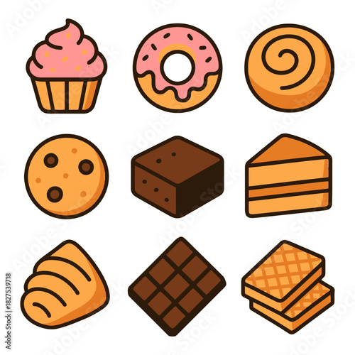 Assorted cartoon pastries and sweets - cupcake, donut, cookie, cake, chocolate.