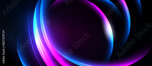 Abstract neon lights form curved shapes. Vivid purple, blue, pink hues dominate dark background. Modern design element.