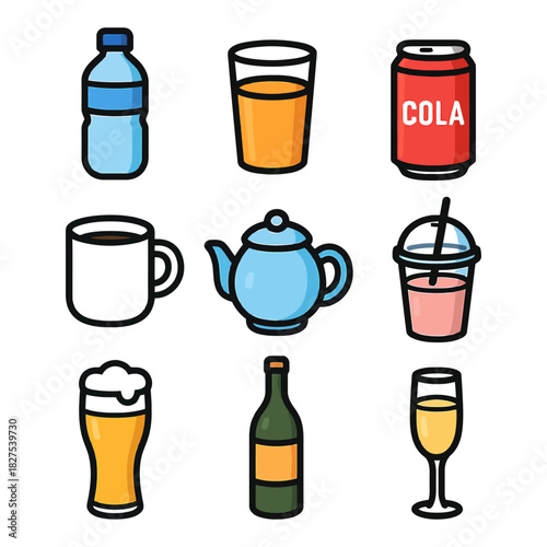 Assorted beverage icons: water, juice, cola, coffee, tea, shake, beer, wine.