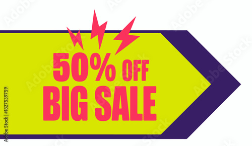A bold sale banner featuring '50% OFF' prominently displayed, designed to attract attention for a big sale event, evoking excitement and urgency among potential shoppers.