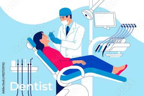 This illustration portrays a dentist attending to a patient in a modern clinic, capturing the essence of dental care and professional healthcare services.