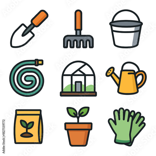 Gardening tools and supplies icon set with trowel, rake, and watering can.