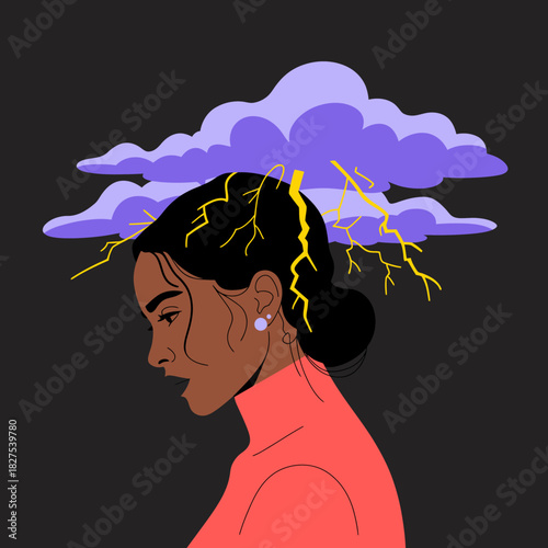 An artistic silhouette of a woman with storm clouds and lightning above her head, capturing the essence of inner turmoil and emotional struggles through creative visual representation.