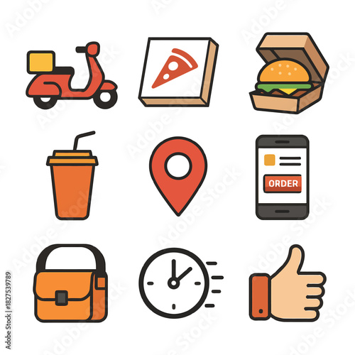 Food delivery icons: scooter, pizza, burger, drink, location, mobile order, bag, clock, thumbs up.