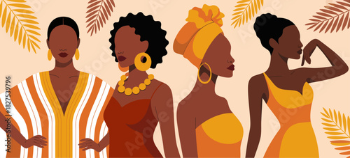 Four stylish women of diverse backgrounds showcase vibrant attire and accessories, exemplifying beauty, culture, and self-expression in a colorful setting.