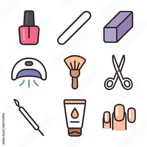 Nail care tools set with polish, buffer, file, uv lamp, scissors, brush, and cream.