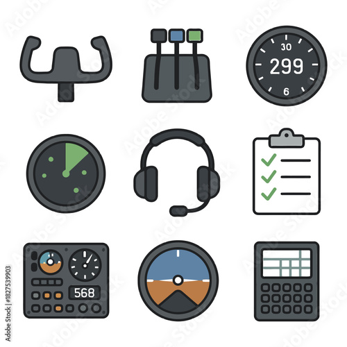 Aviation instrument icons set featuring controls, gauges, and headset.