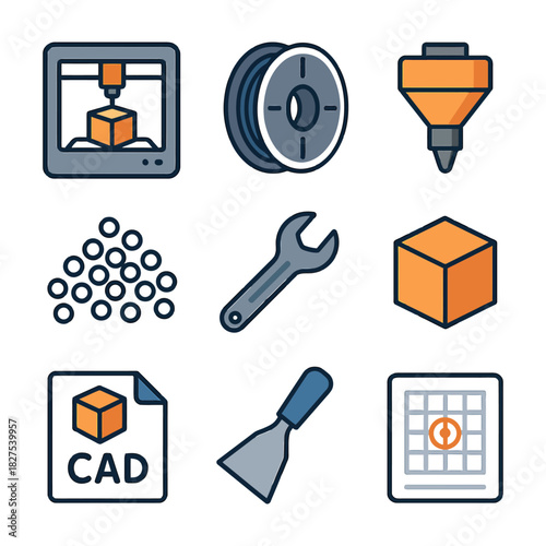 3d printing icons set with printer, filament, cad file, and tools.