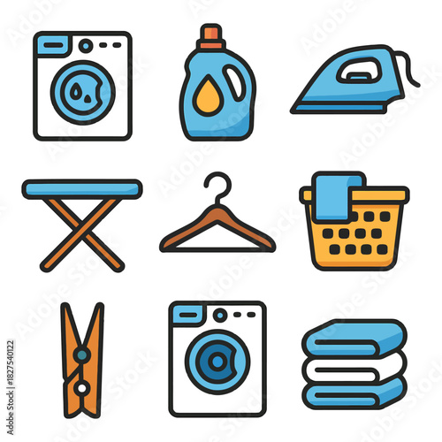 Laundry icons set: washing machine, detergent, iron, basket, towels, hanger.