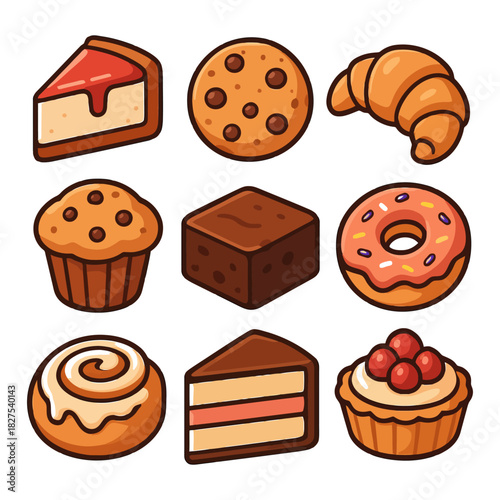 Assorted pastry and dessert icons: cake, cookie, croissant, muffin, brownie, donut, cinnamon roll, tart.