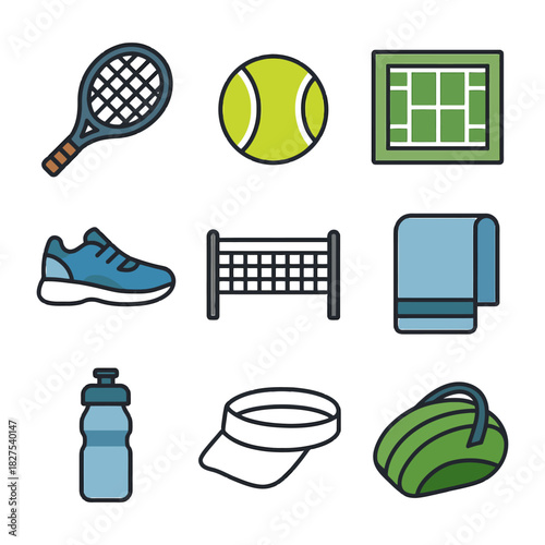 Tennis equipment icons set: racket, ball, court, shoe, net, towel, bottle, visor, bag.