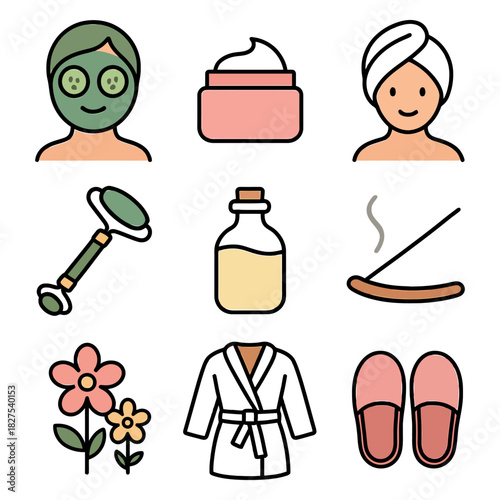 Spa relaxation essentials: skincare, aromatherapy, relaxing tools, asian female.