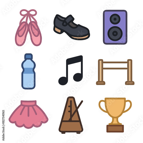 Ballet dance essentials icons set with shoes, speaker, music note, and trophy.
