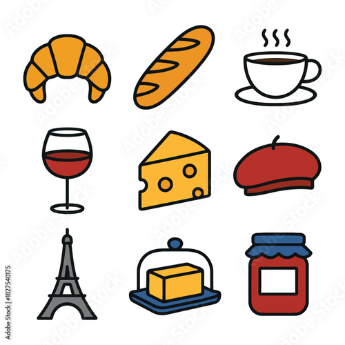 French icons: croissant, baguette, coffee, wine, cheese, beret, eiffel tower, butter, jam.