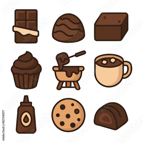 Collection of chocolate treats: cupcakes, cookies, drinks, and truffles.