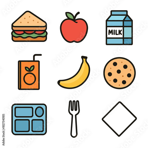 School lunch icons: sandwich, apple, milk, juice, banana, cookie, tray, fork, napkin.