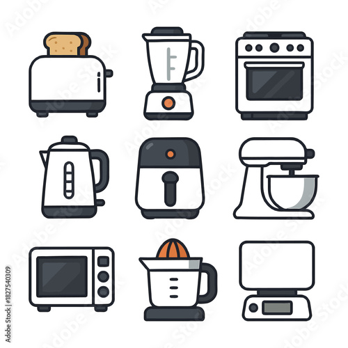 Illustration of nine kitchen appliances: toaster blender oven kettle air fryer mixer microwave juicer scale.