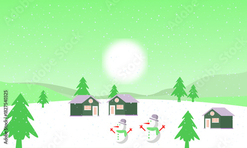 A Charming Winter Village Scene With Snowmen Standing Proudly In The Foreground Under A Bright, Full Moon And Snow-Covered Trees Enhancing The Serene, Festive Ambiance
