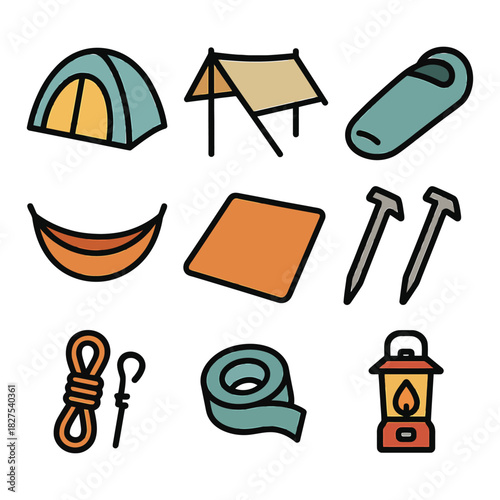 Colorful camping equipment icons: tent, sleeping bag, lantern, rope, tarp.