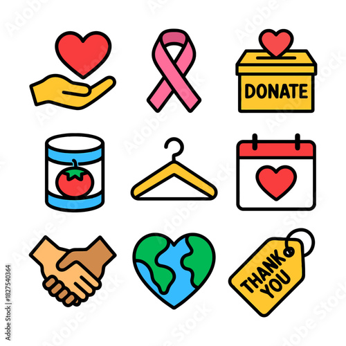 Charity and support icons: heart, ribbon, donation box, thank you.