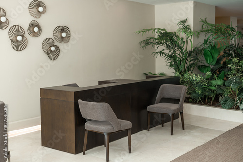 Modern reception area with a sleek wooden desk and two gray chairs. Lush green plants add a touch of nature to the interior design.